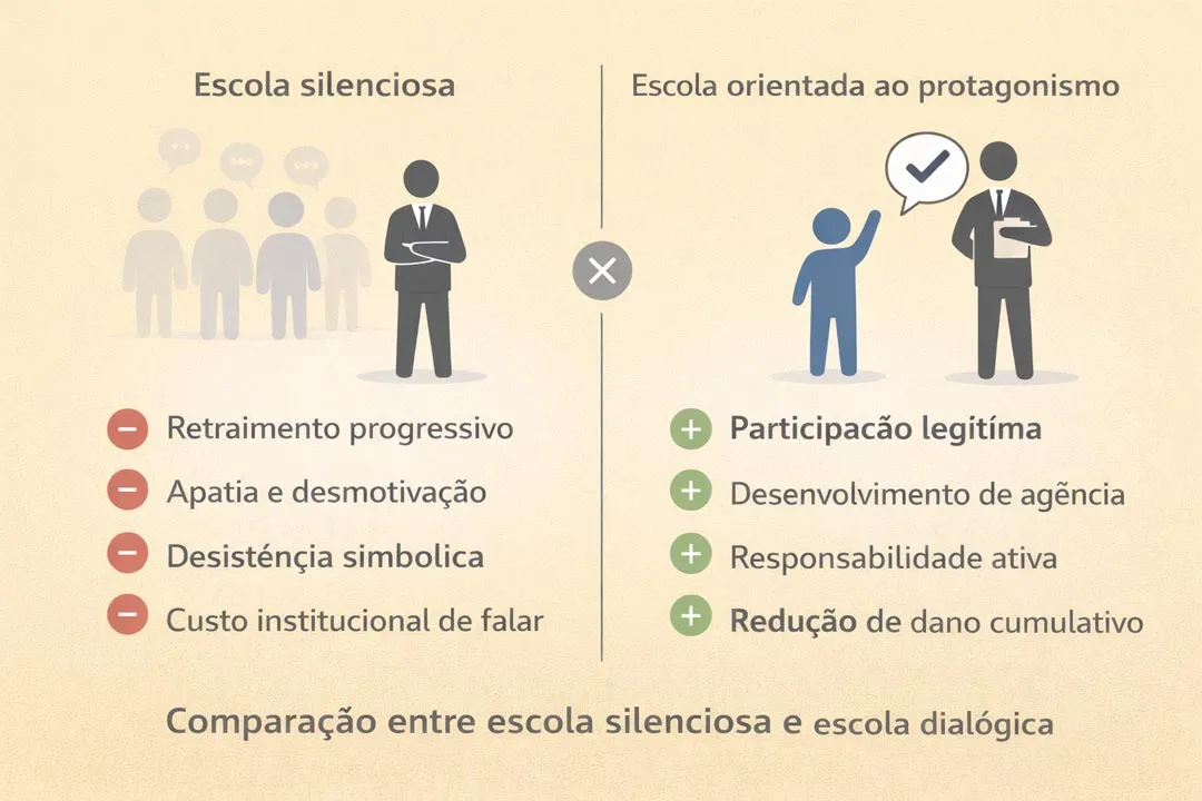 Comparação visual entre escola silenciosa e escola orientada ao protagonismo infantojuvenil, mostrando efeitos distintos sobre participação, agência e dano cumulativo