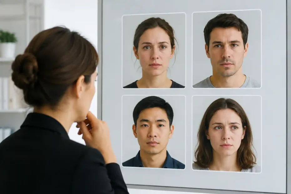 Pessoa observa diferentes expressões faciais de psicopatas em uma tela, sem elementos que indiquem diagnóstico ou perigo.