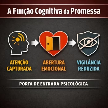 Diagrama da função cognitiva da promessa em golpes, com atenção capturada, abertura emocional e vigilância reduzida como etapas da manipulação psicológica.