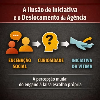 Fluxo visual da engenharia social em golpes mostrando encenação social, curiosidade e iniciativa da vítima como etapas do deslocamento da agência.