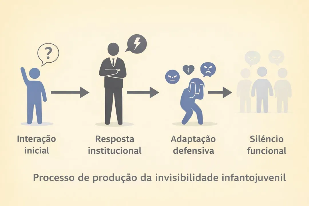 Diagrama em quatro etapas que mostra como a invisibilidade infantojuvenil é produzida na escola: interação inicial, resposta institucional, adaptação defensiva e silêncio funcional