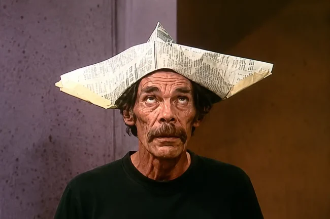 Homem com chapéu de jornal olhando para cima, ilustrando a diferença entre mentira consciente, confusão mental e alteração da percepção da realidade.