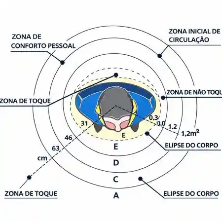 Diagrama de proxêmica mostrando zonas de toque, não toque, conforto pessoal e circulação ao redor do corpo humano