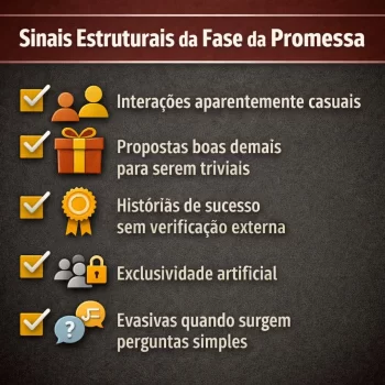 Lista visual dos sinais estruturais da fase da promessa em golpes, incluindo propostas muito vantajosas, encenação social e evasivas quando questionadas.