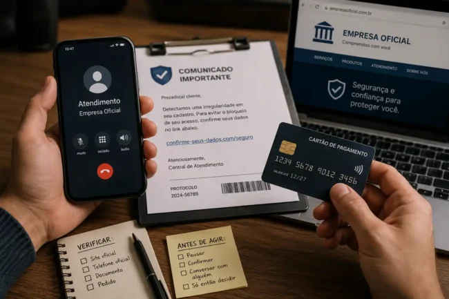 Pessoa verifica telefone, documento e identificação usados para criar aparência de legitimidade em um golpe.