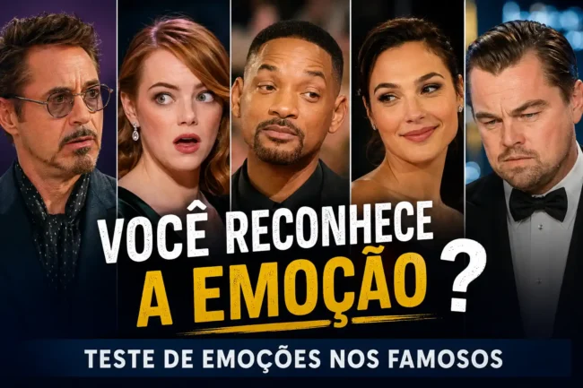 Montagem com pessoas famosas exibindo diferentes expressões faciais no teste de emoções nos famosos.