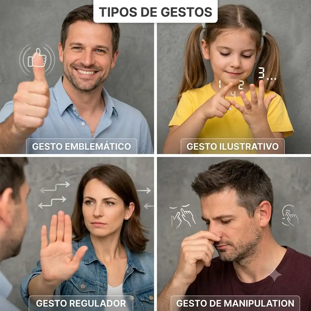 Infográfico em quatro quadrantes ilustrando os tipos de gestos e movimentos corporais: emblemático, ilustrativo, regulador e de manipulação.