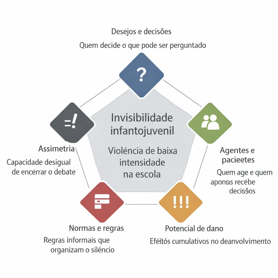 Modelo analítico que apresenta a invisibilidade infantojuvenil como violência de baixa intensidade na escola, a partir de cinco dimensões institucionais