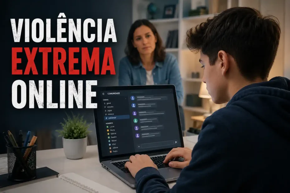 Adolescente usa notebook em comunidade online enquanto uma adulta acompanha a situação, com o texto violência extrema online.